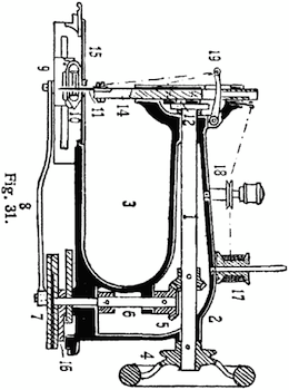 Technical drawing of an older sewing machine.